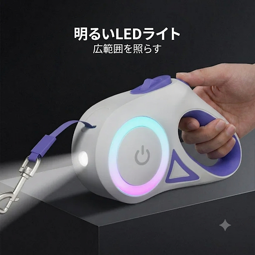 犬用 自動巻き取り式リード｜LEDライト付き 夜のお散歩も安心 首輪セットも選べる 伸縮3m/5m